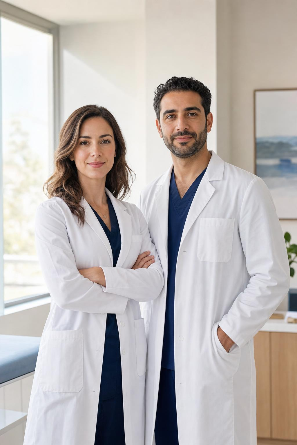 Two physicians in a clean medical office discussing financial planning