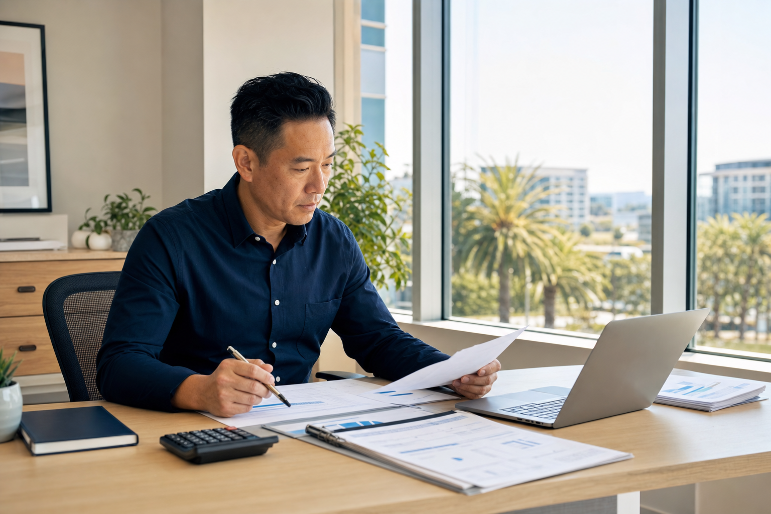 Small business owner reviewing tax documents and financial reports in a bright Orange County office