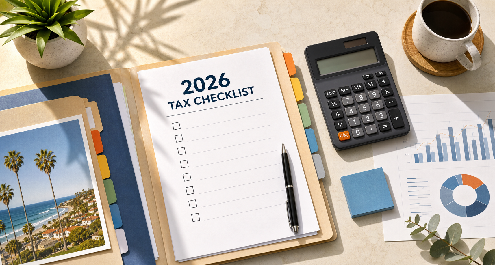Organized tax checklist with calculator, laptop, and financial paperwork on a bright office desk